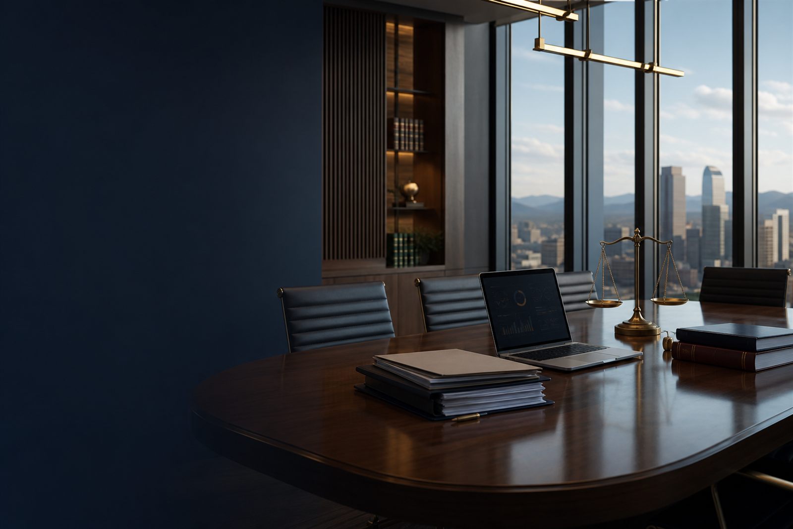 Modern Denver law firm conference room with laptop, legal files, and collaborative technology for client-ready IT